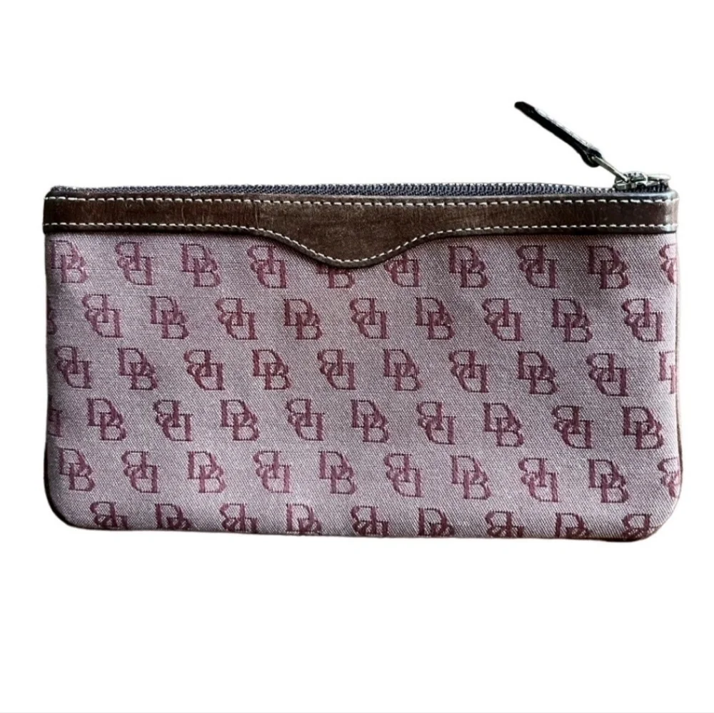Dooney & Bourke Zip Top Pouch/ Wristlet Wallet Burgundy Signature Leather Trim